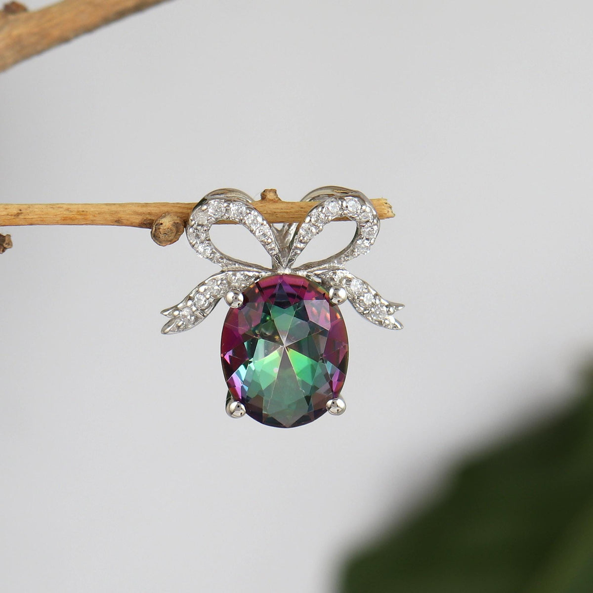 Oval Mystic Topaz Pendant Necklace, Sterling Silver Bow, November Birthstone, Rainbow Gemstone