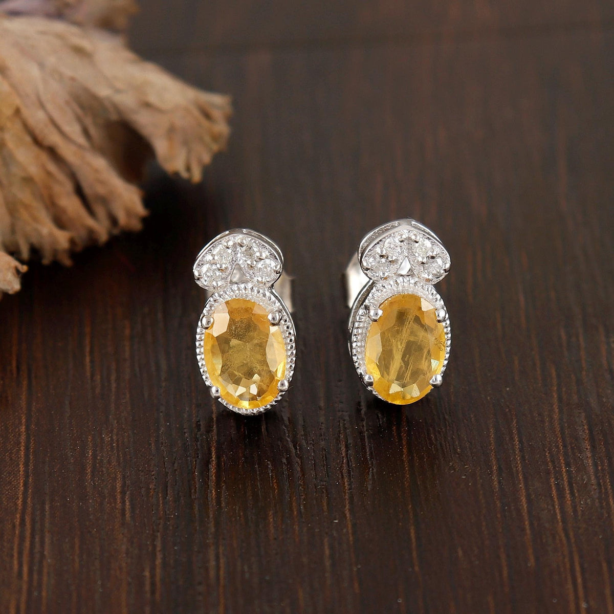 Yellow Sapphire Stud Earrings: Sterling Silver, CZ Accents, Handmade