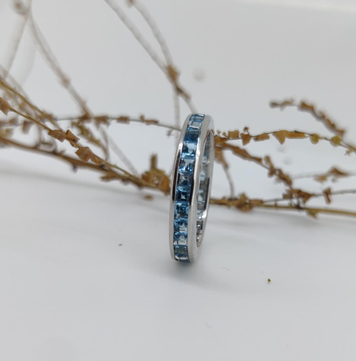 Blue Topaz Sterling Silver Ring: Square Gemstone Band, December Birthstone