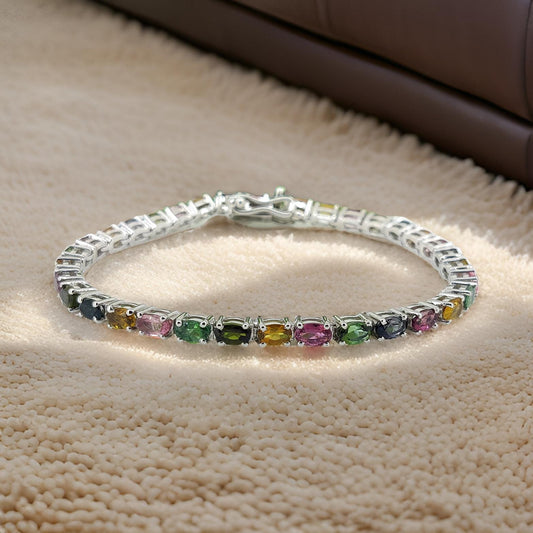 Multi Tourmaline Gemstone Bracelet: 925 Sterling Silver, Handmade