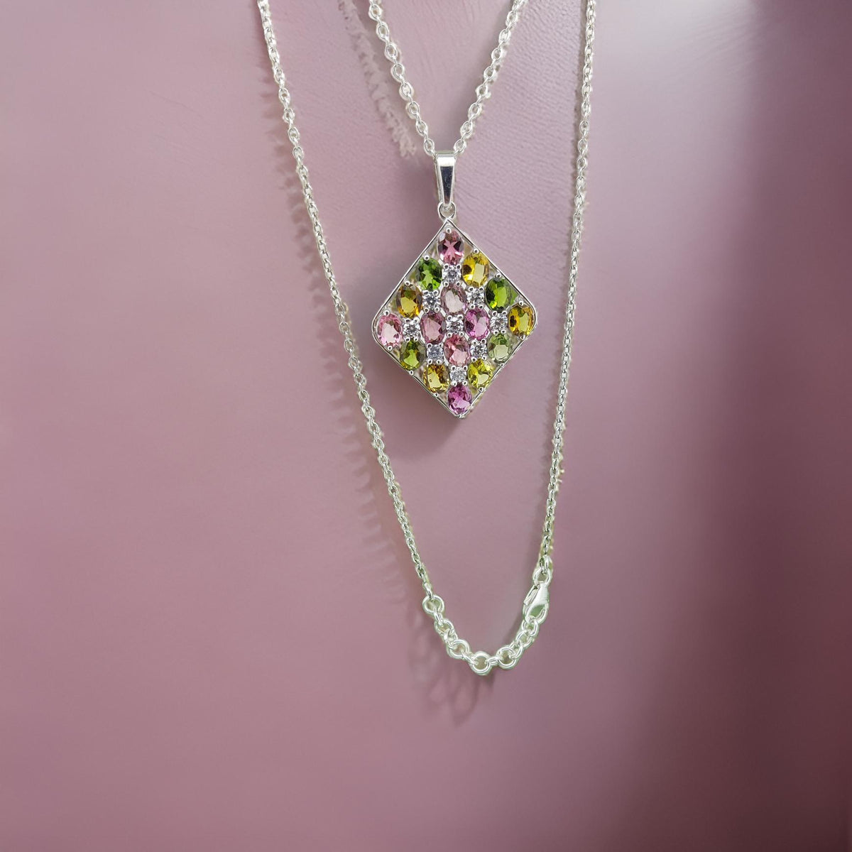 Multi Tourmaline Sterling Silver Pendant: Dainty Oval Gemstone