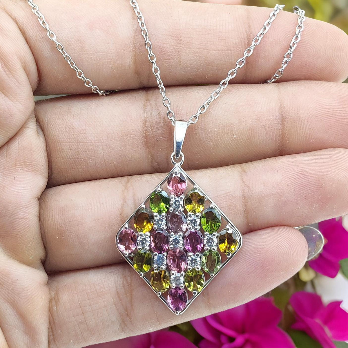 Multi Tourmaline Sterling Silver Pendant: Dainty Oval Gemstone