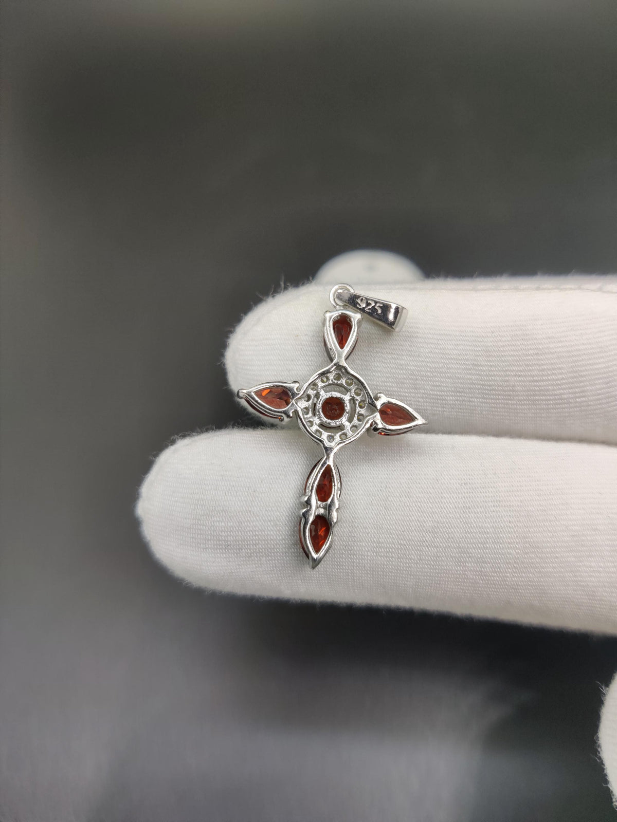 Garnet Cross Pendant: Pear Cut Gemstone, Sterling Silver