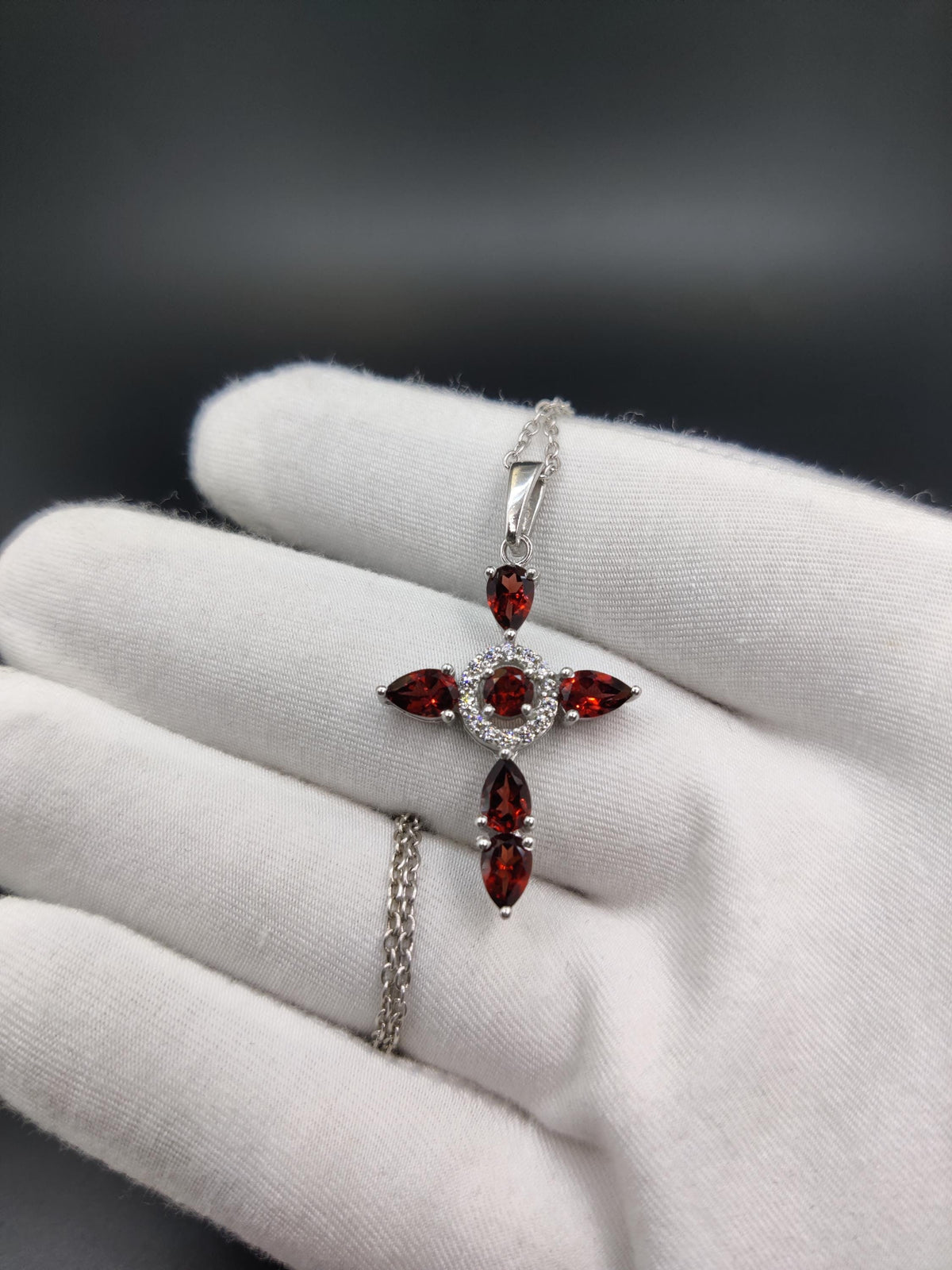 Garnet Cross Pendant: Pear Cut Gemstone, Sterling Silver