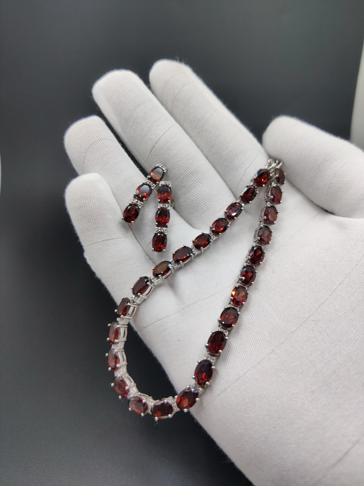 Oval Garnet Necklace Earrings Set, 925 Sterling Silver, January Birthstone Bridal Jewelry