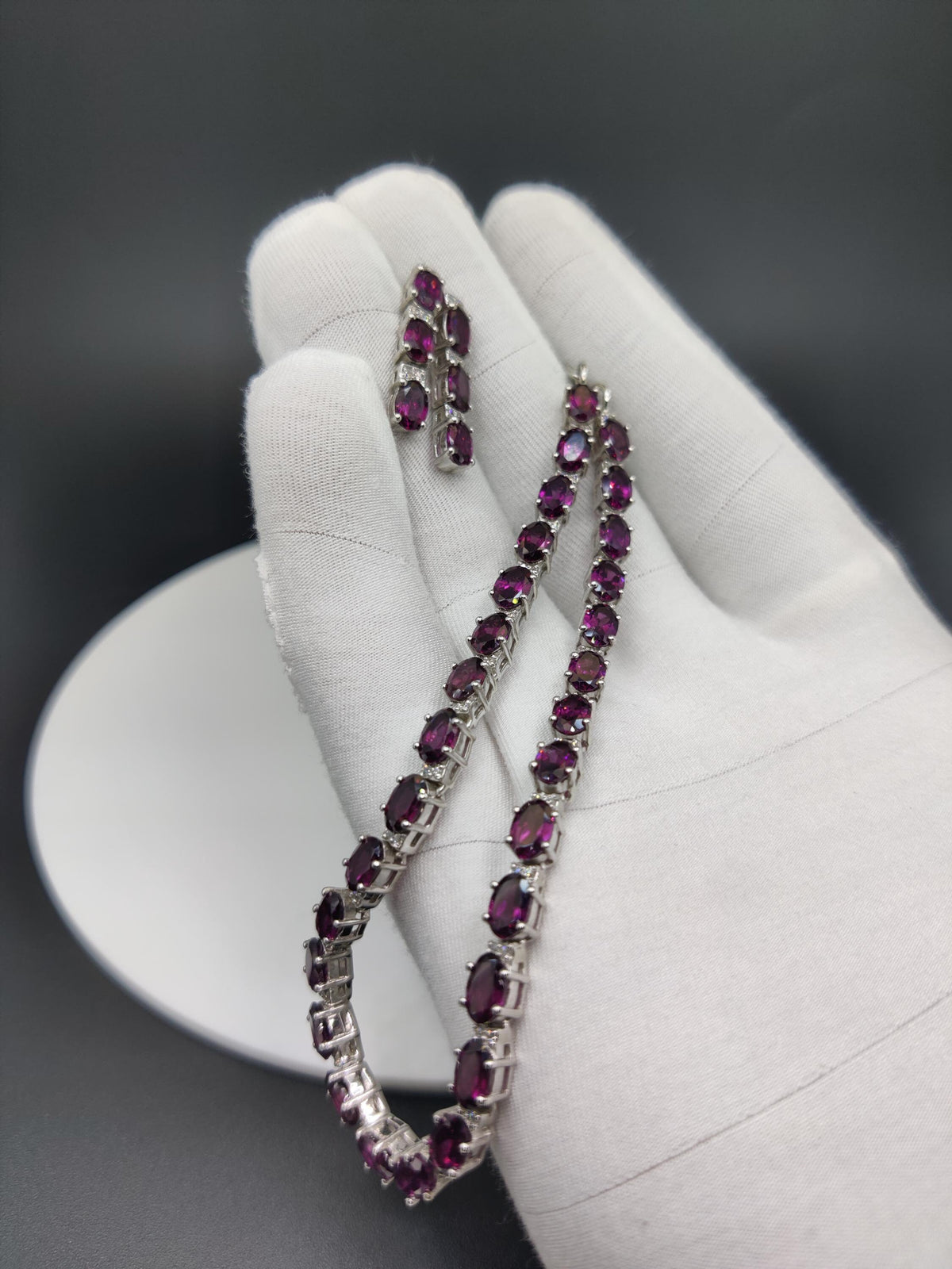 Dainty Sterling Silver Rhodolite Necklace Earring Set, CZ Diamond, June Birthstone