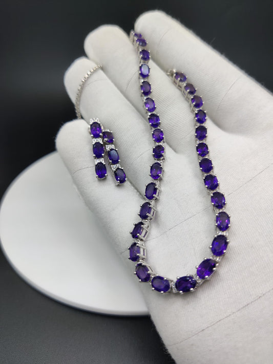 African Amethyst Necklace Earring Set: Sterling Silver, Handmade Oval Gemstone Jewelry