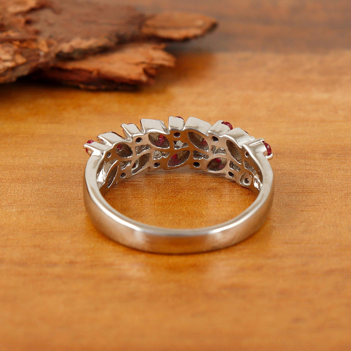 Ruby Half Eternity Ring Sterling Silver, Minimalist Stacking Band Gift for women