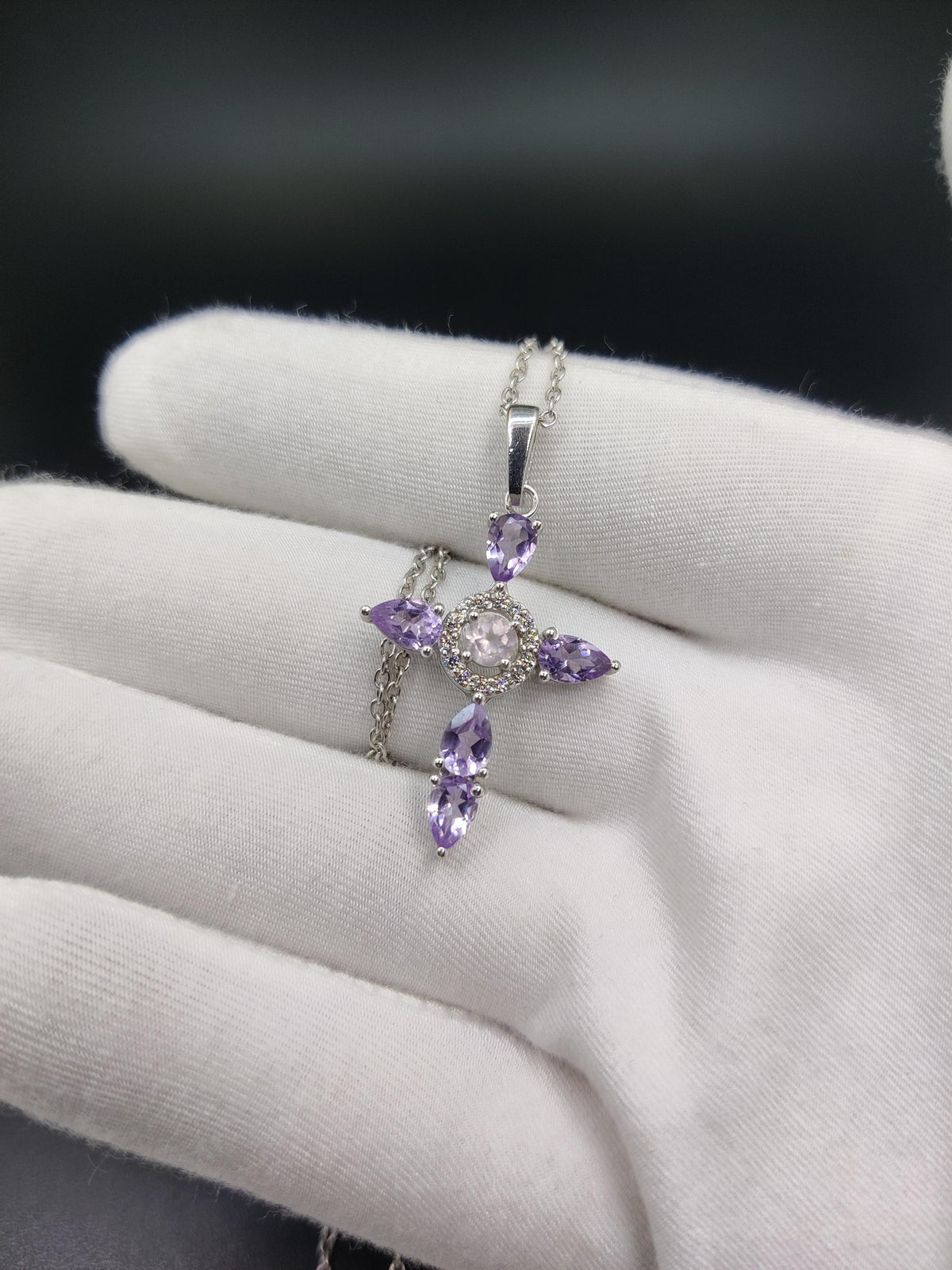 Amethyst Rose Quartz Cross Pendant: Sterling Silver Gemstone Necklace