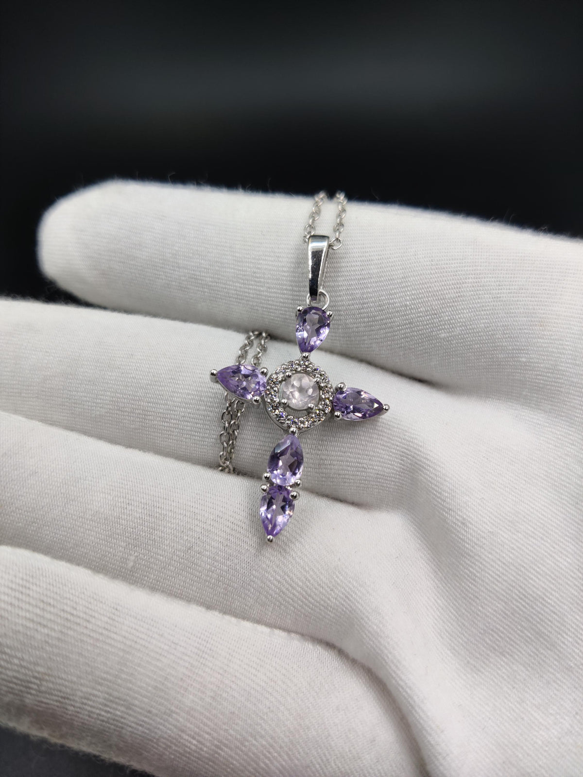 Amethyst Rose Quartz Cross Pendant: Sterling Silver Gemstone Necklace
