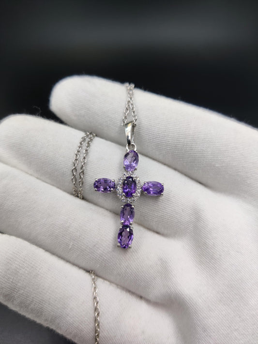 Unique Artisan Cross Pendant, Amethyst Gemstone Necklace, Vintage Style Gift for Her