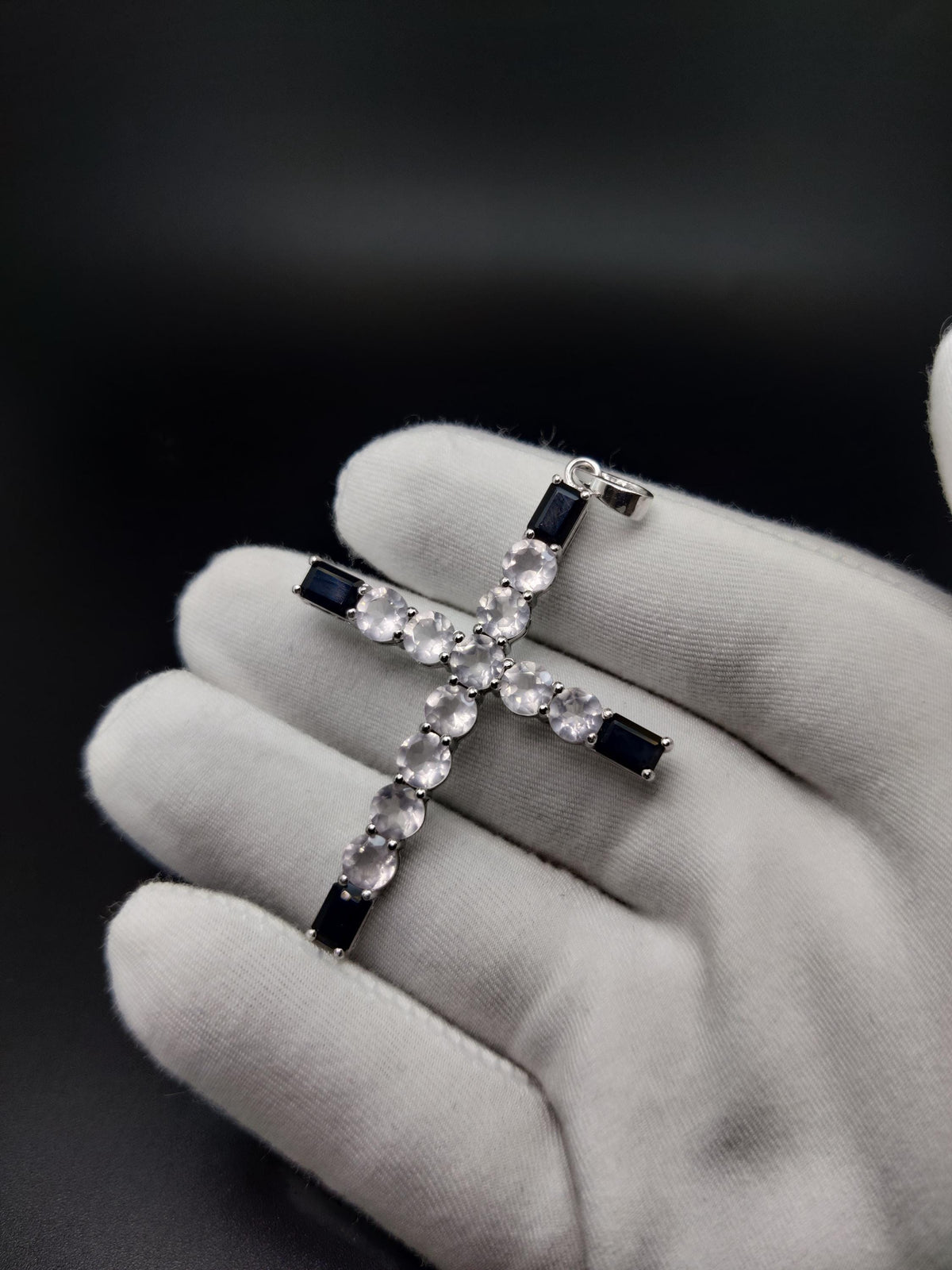 Rose Quartz & Black Onyx Cross Pendant, Handmade Sterling Silver Holy Cross, Christmas Jewelry