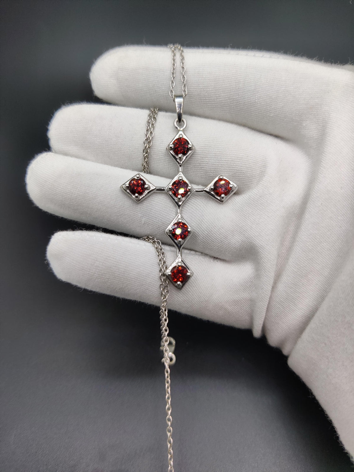 Garnet Holy Cross Pendant: 925 Sterling Silver Unisex Necklace