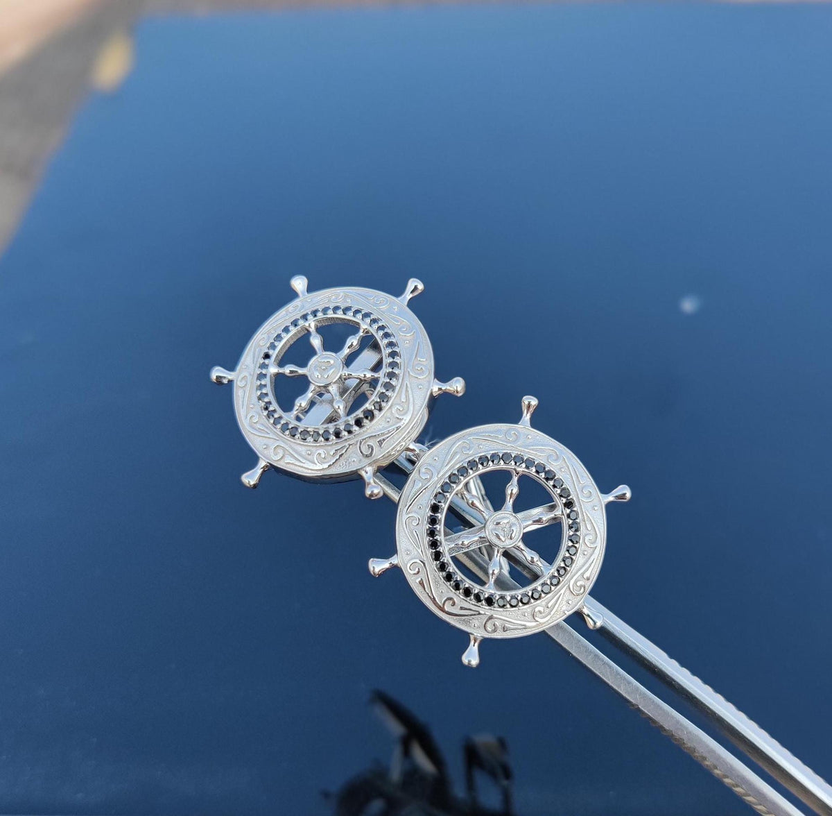 Sterling Silver Ship Wheel Cufflinks, Black Spinel Gemstone, Gothic Nautical Jewelry