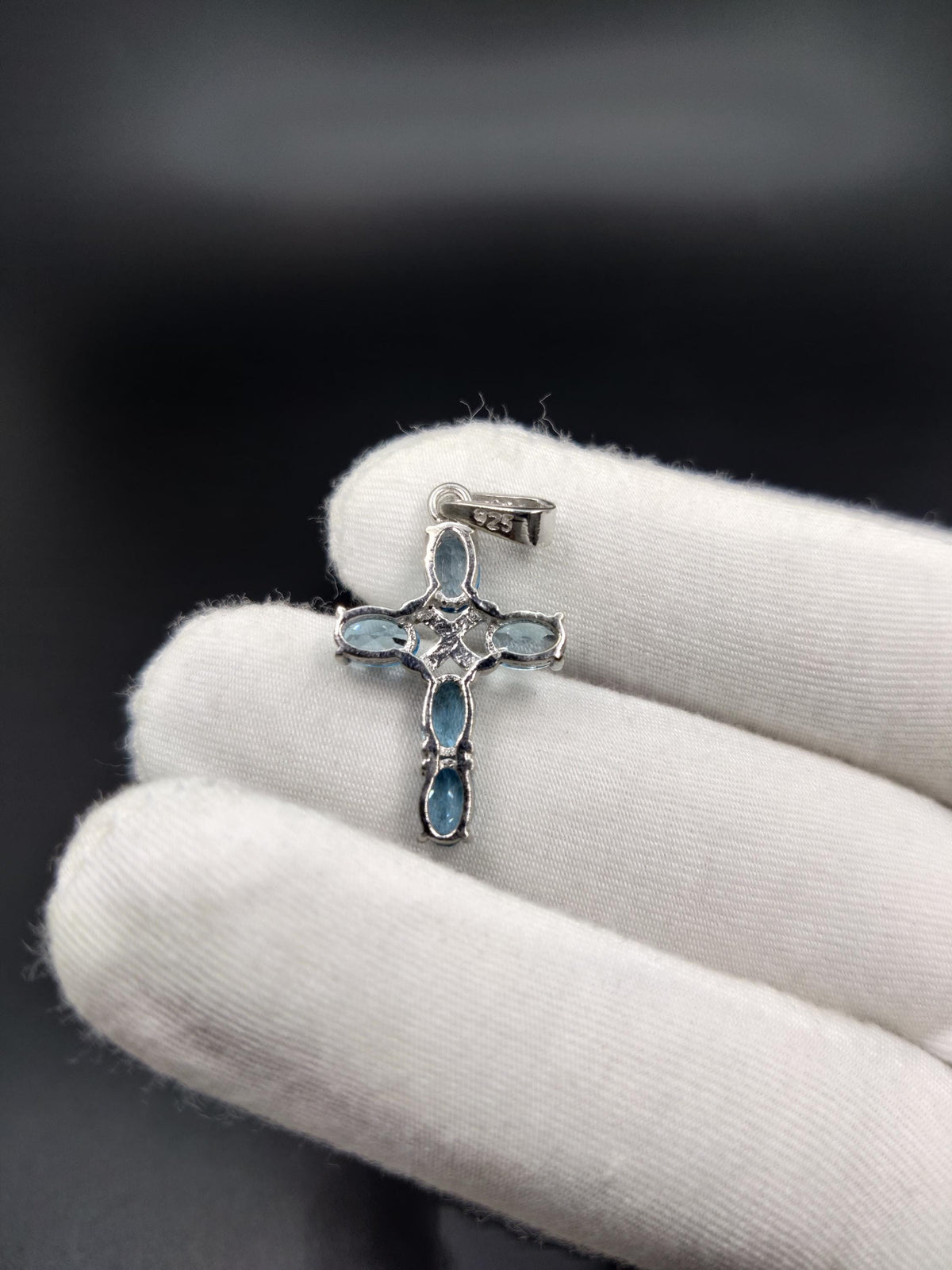 Art Deco Swiss Blue Topaz Sterling Silver Cross Pendant - December Birthstone