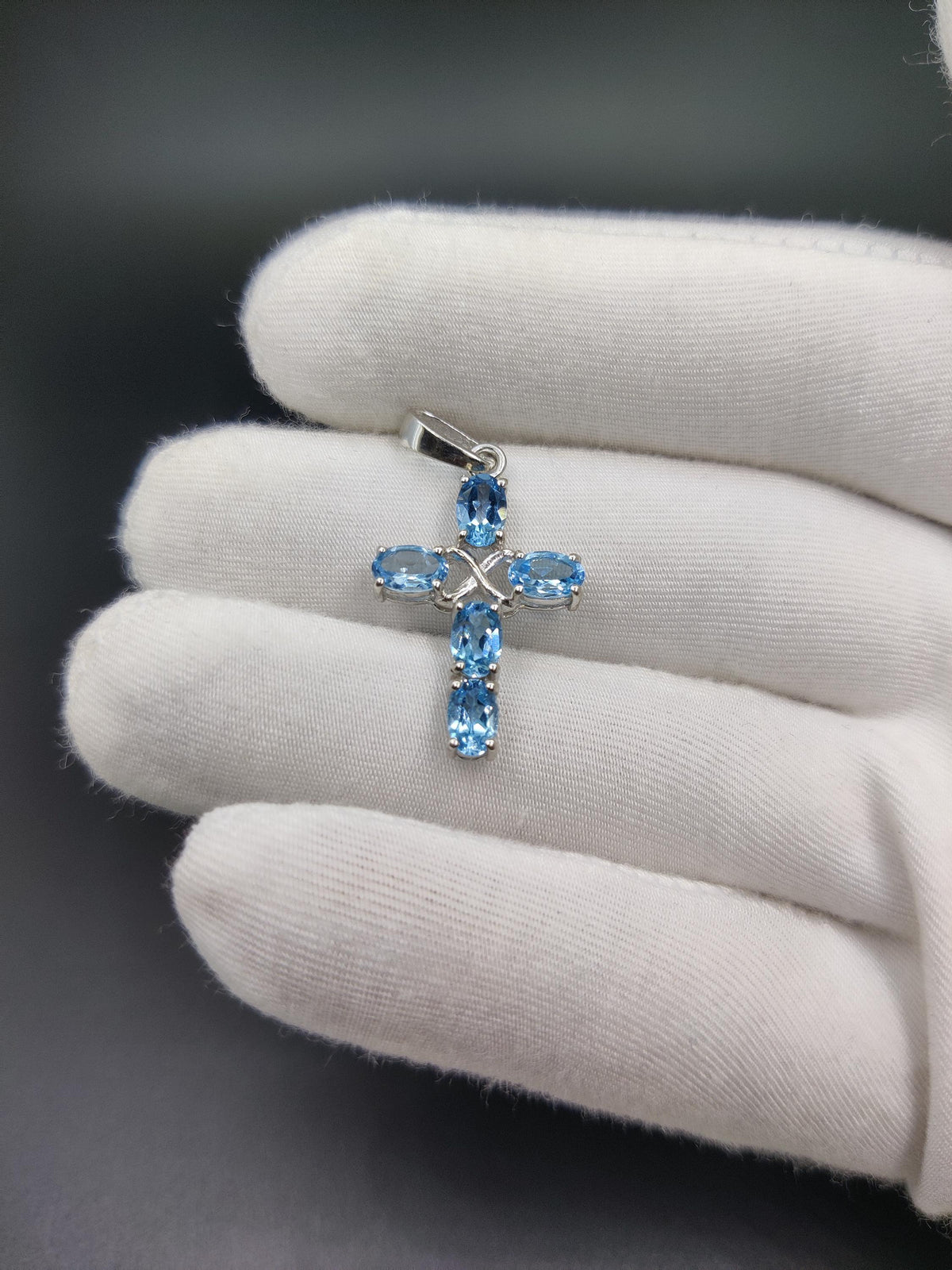 Art Deco Swiss Blue Topaz Sterling Silver Cross Pendant - December Birthstone