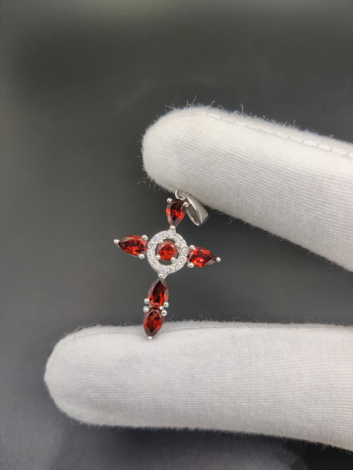 Garnet Cross Pendant: Pear Cut Gemstone, Sterling Silver