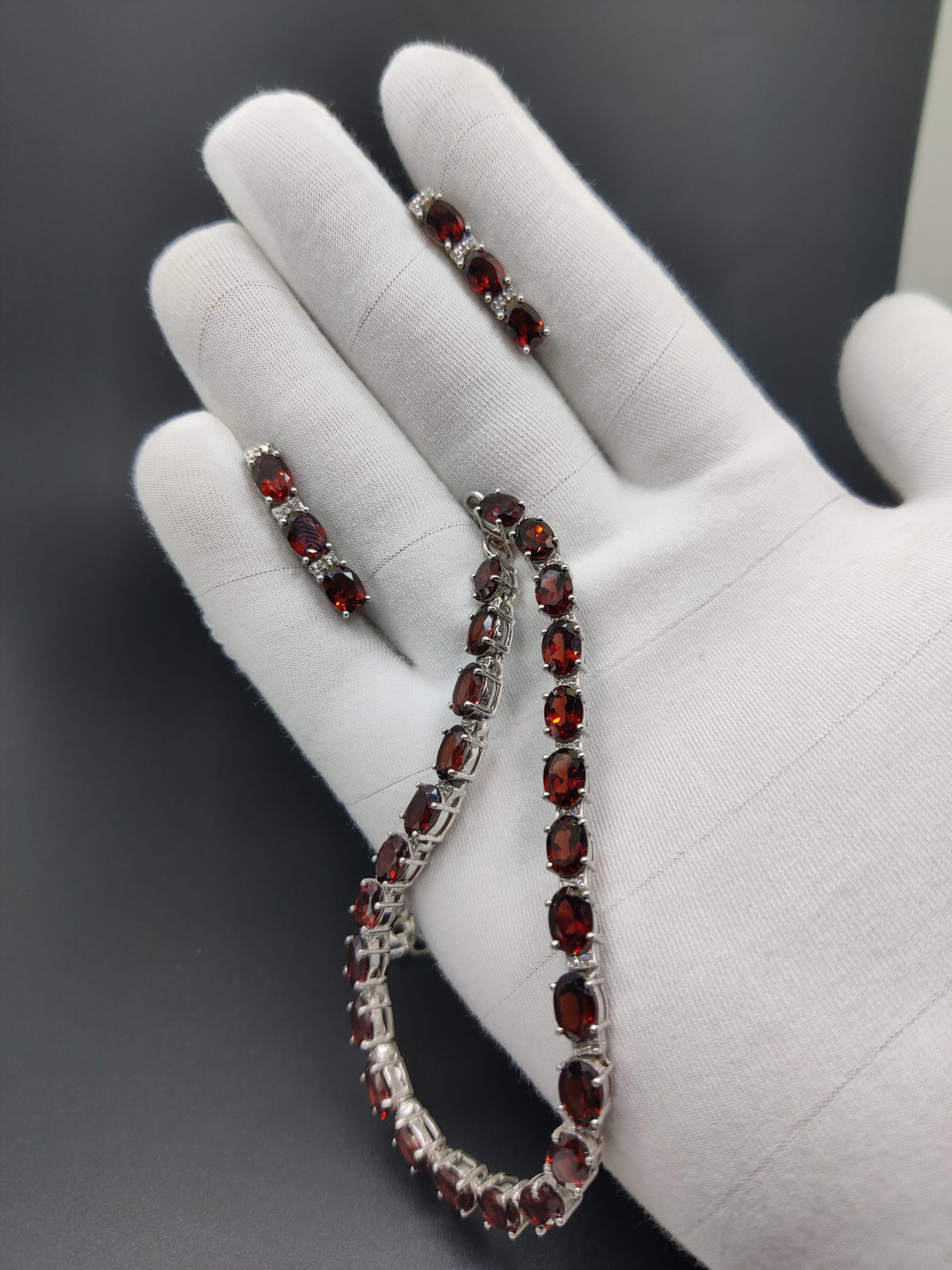 Oval Garnet Necklace Earrings Set, 925 Sterling Silver, January Birthstone Bridal Jewelry