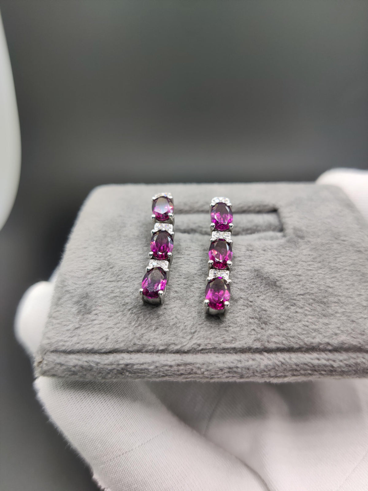 Dainty Sterling Silver Rhodolite Necklace Earring Set, CZ Diamond, June Birthstone