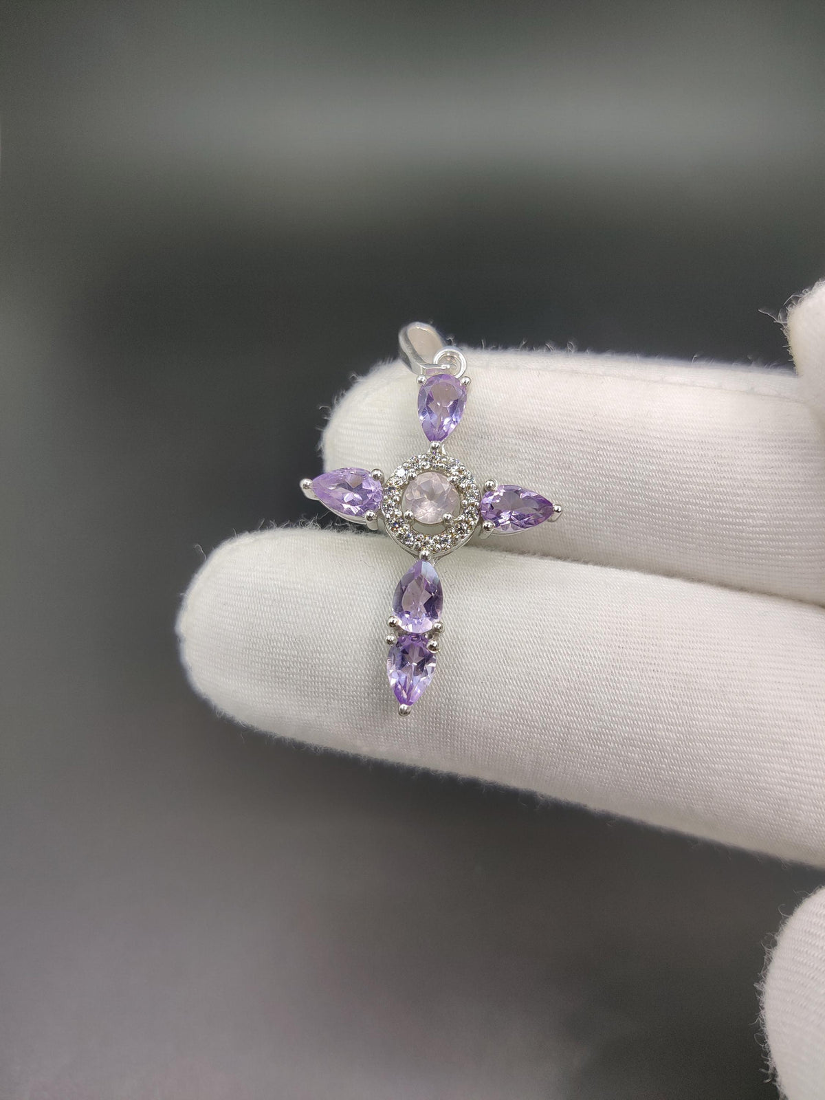 Amethyst Rose Quartz Cross Pendant: Sterling Silver Gemstone Necklace