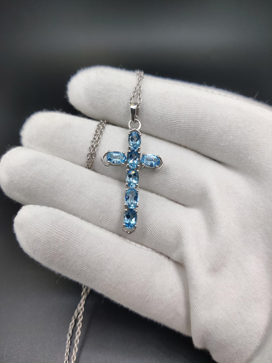 Swiss Blue Topaz Sterling Silver Cross Pendant Necklace