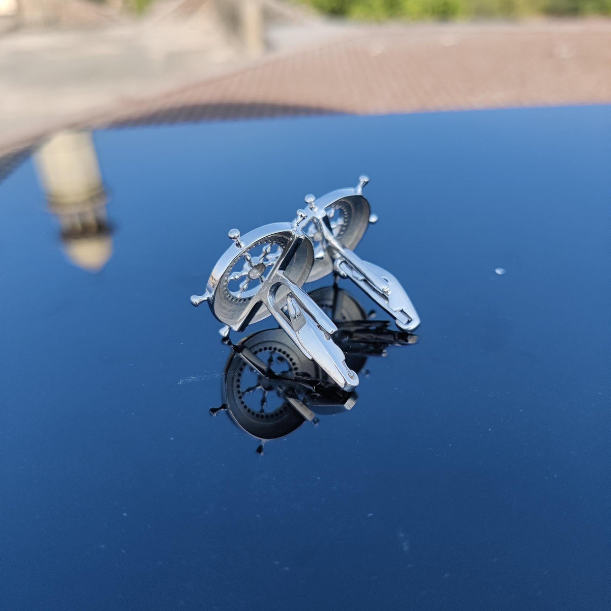 Sterling Silver Ship Wheel Cufflinks, Black Spinel Gemstone, Gothic Nautical Jewelry