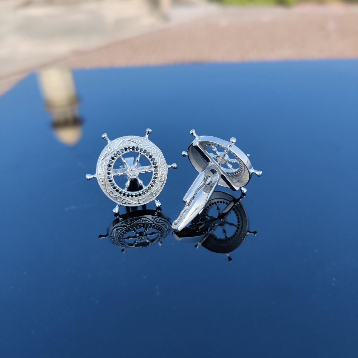 Sterling Silver Ship Wheel Cufflinks, Black Spinel Gemstone, Gothic Nautical Jewelry