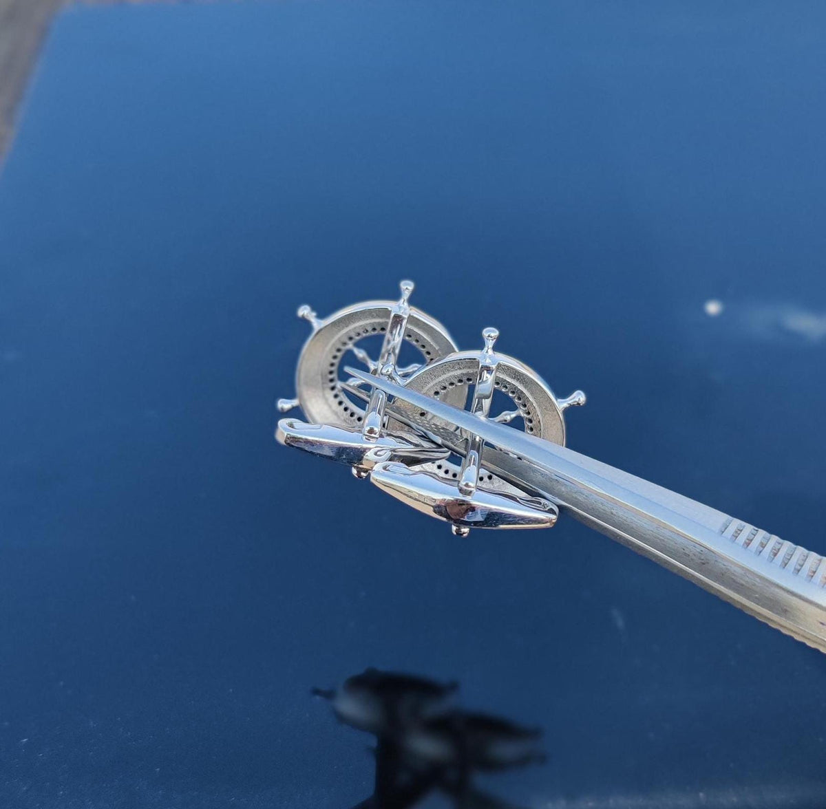 Sterling Silver Ship Wheel Cufflinks, Black Spinel Gemstone, Gothic Nautical Jewelry