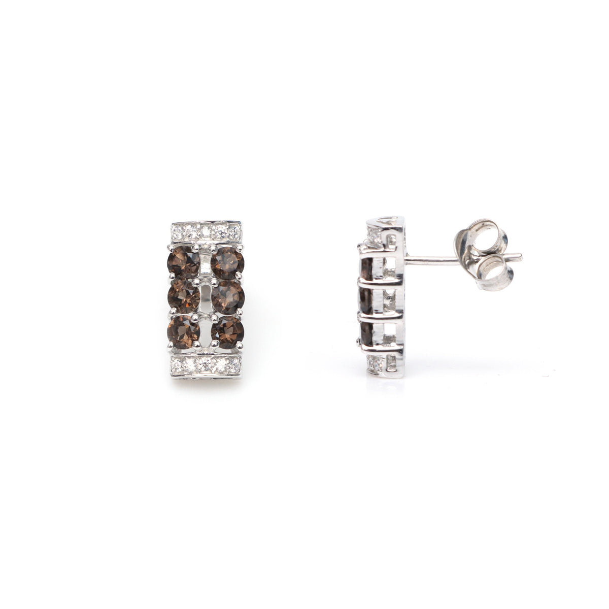 Smoky Quartz Sterling Silver Stud Earrings: Round Faceted Gemstone
