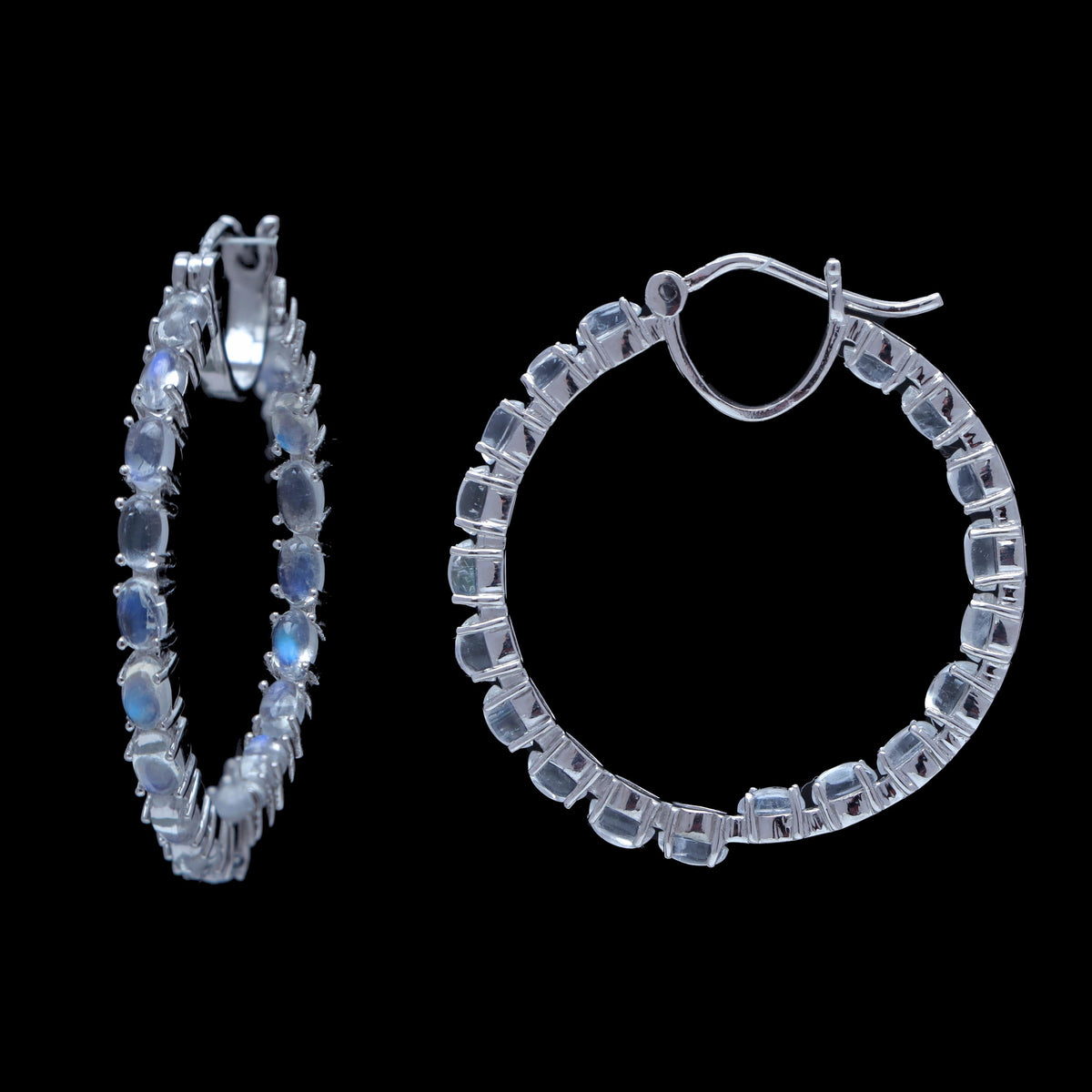 Rainbow Moonstone Hoop Earrings: 925 Sterling Silver, June Birthstone