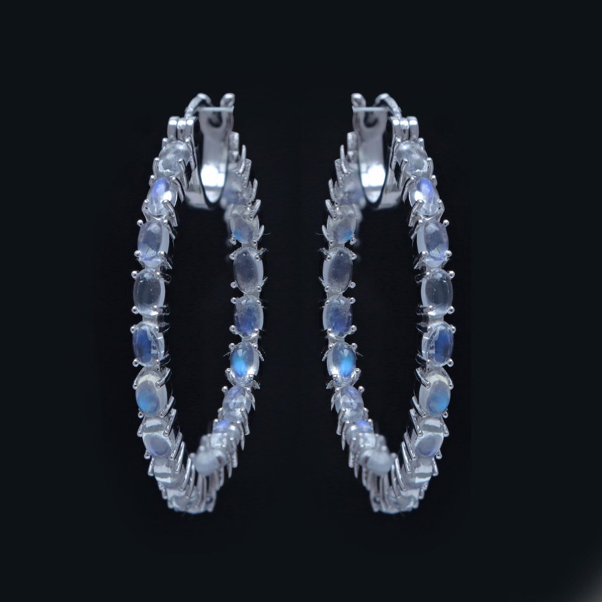 Rainbow Moonstone Hoop Earrings: 925 Sterling Silver, June Birthstone