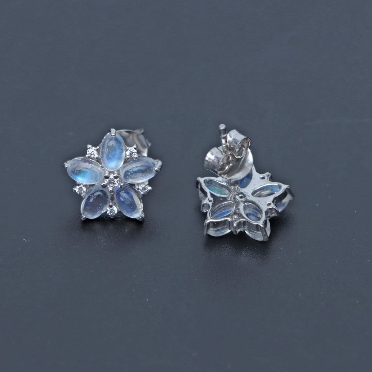 Rainbow Moonstone Floral Stud Earrings: 925 Sterling Silver