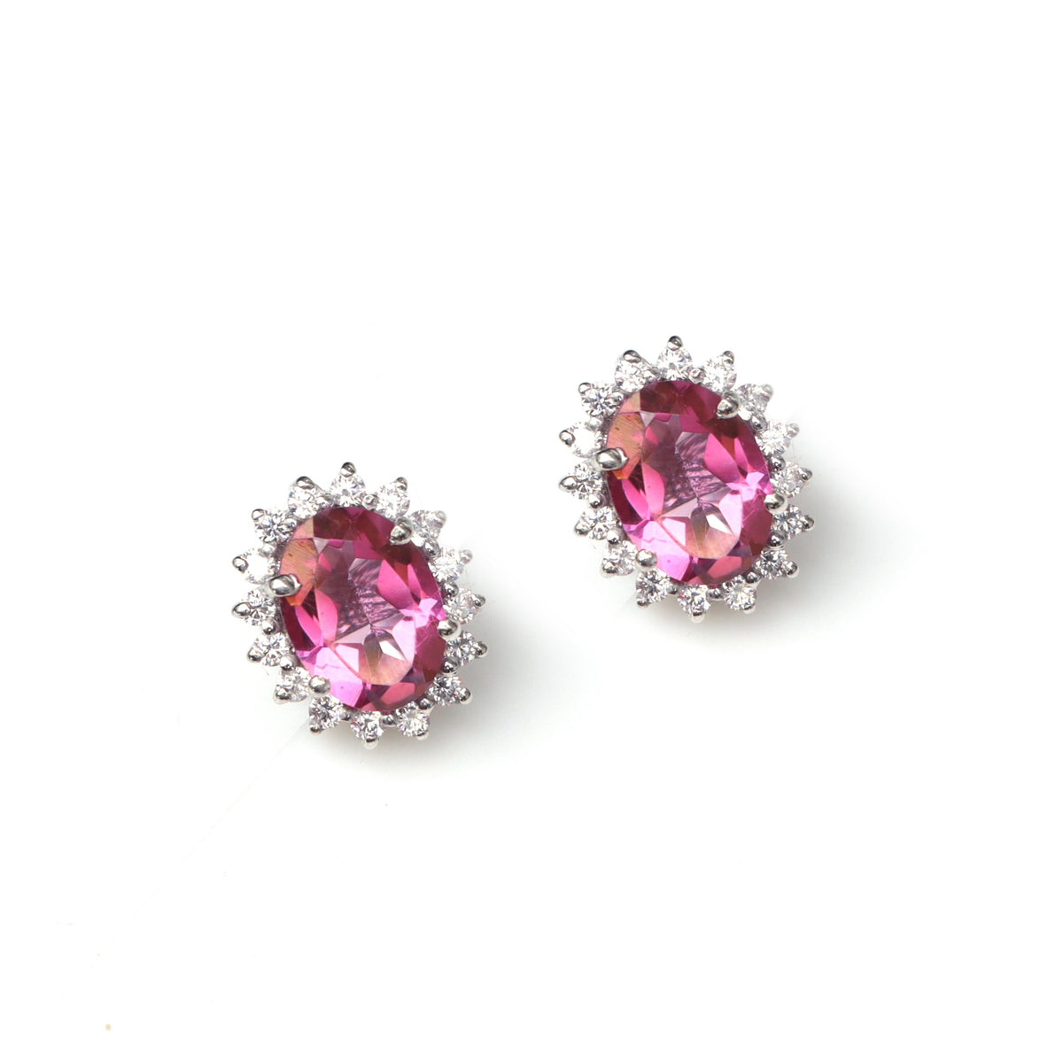 Pink Topaz Sterling Silver Studs: Oval Gemstone CZ Halo Earrings