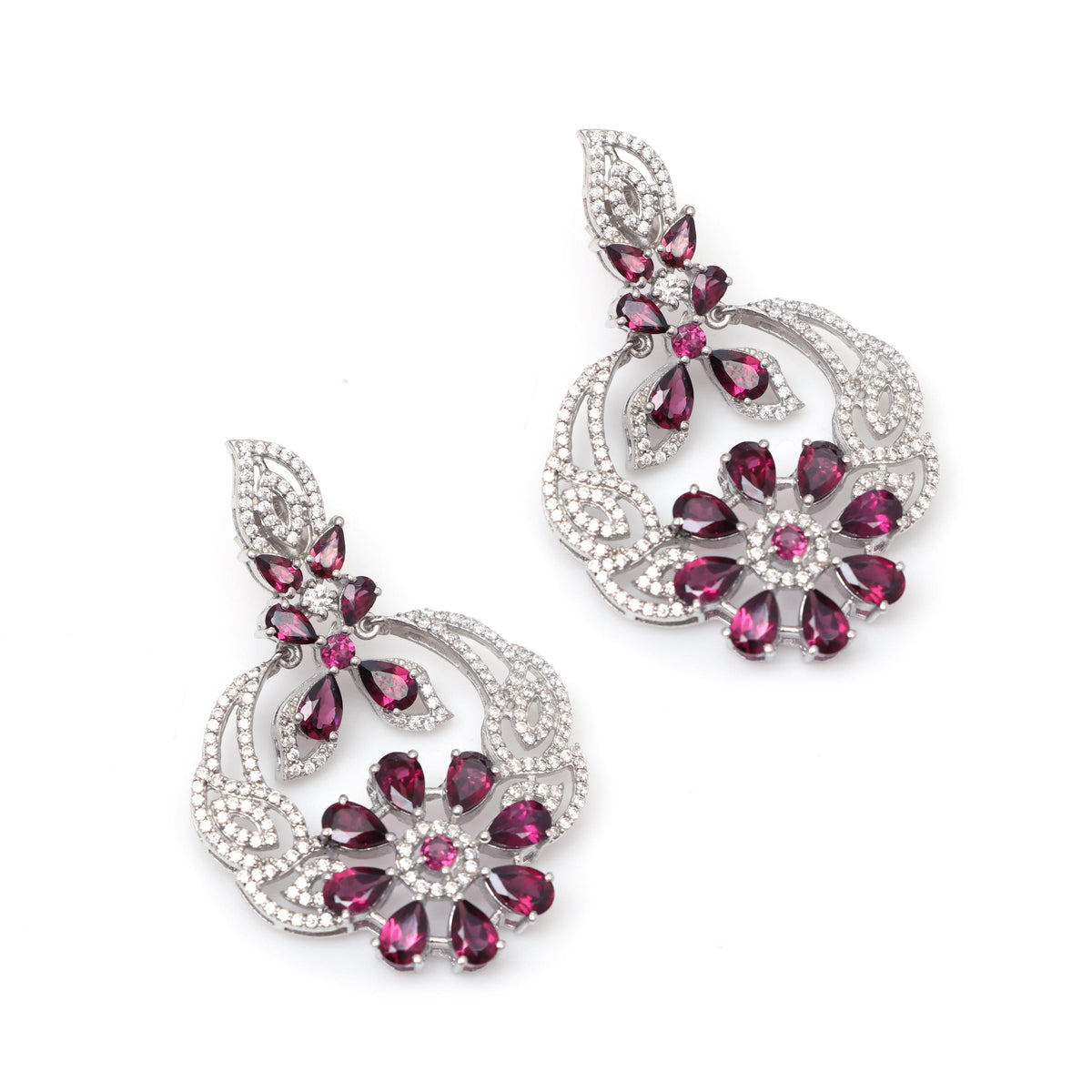 Sterling Silver Rhodolite Garnet Earrings: Pear Cut Floral Bridesmaid Jewelry