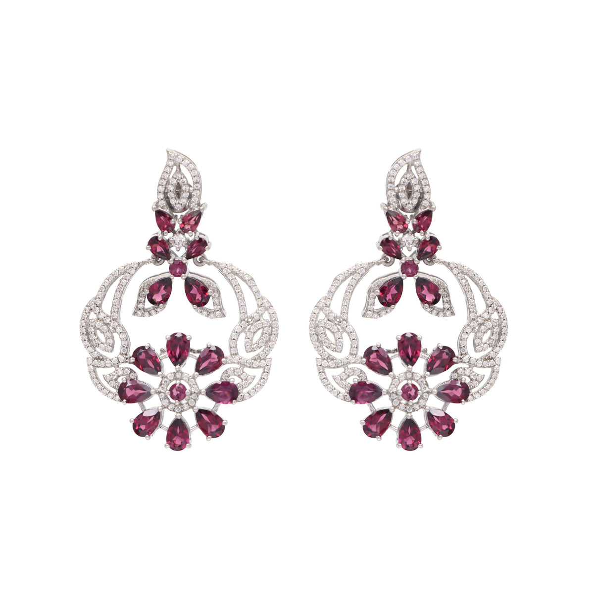 Sterling Silver Rhodolite Garnet Earrings: Pear Cut Floral Bridesmaid Jewelry