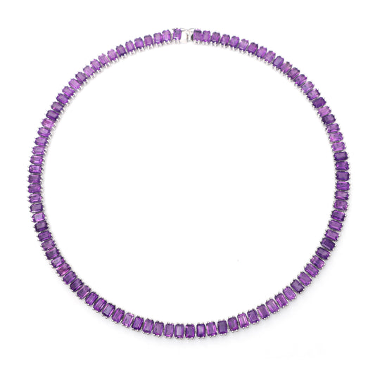 Natural African Amethyst Tennis Necklace-925 Sterling Silver-Emerald Cut Gemstone-February Birthstone-Purple Amethyst Jewelry-Wedding Gift