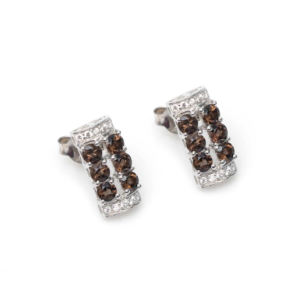 Smoky Quartz Sterling Silver Stud Earrings: Round Faceted Gemstone