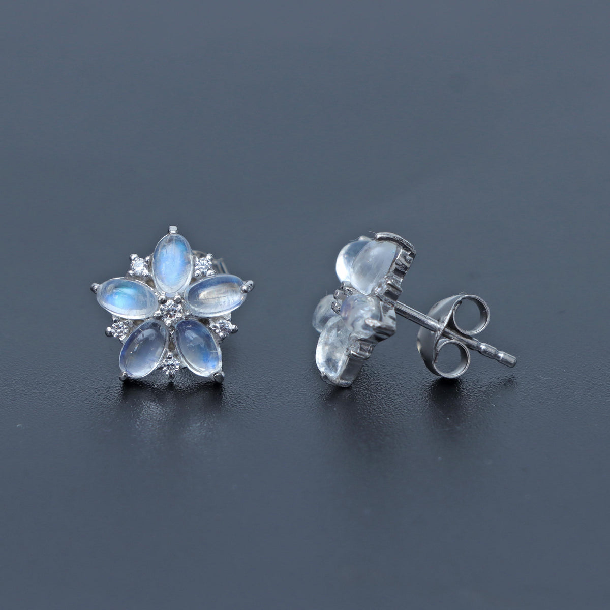 Rainbow Moonstone Floral Stud Earrings: 925 Sterling Silver