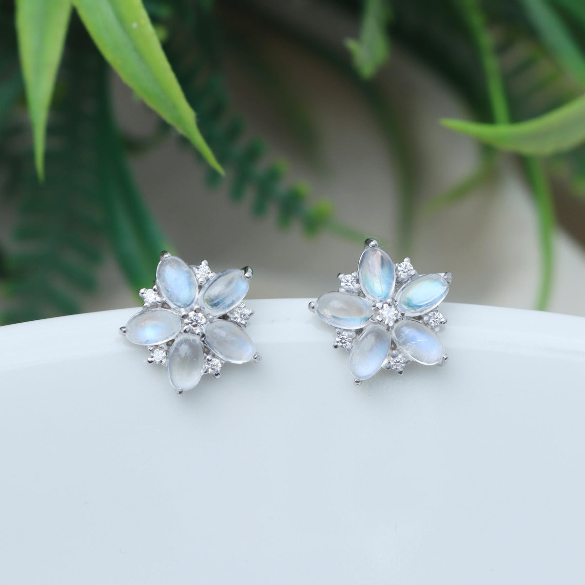 Rainbow Moonstone Floral Stud Earrings: 925 Sterling Silver