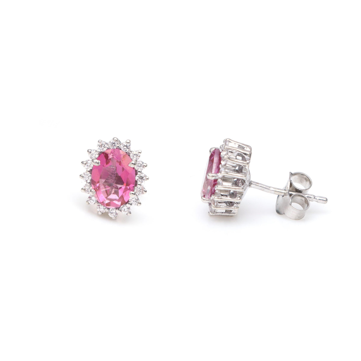 Pink Topaz Sterling Silver Studs: Oval Gemstone CZ Halo Earrings