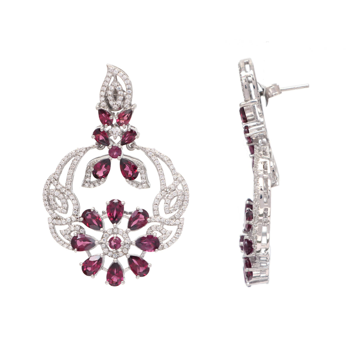 Sterling Silver Rhodolite Garnet Earrings: Pear Cut Floral Bridesmaid Jewelry