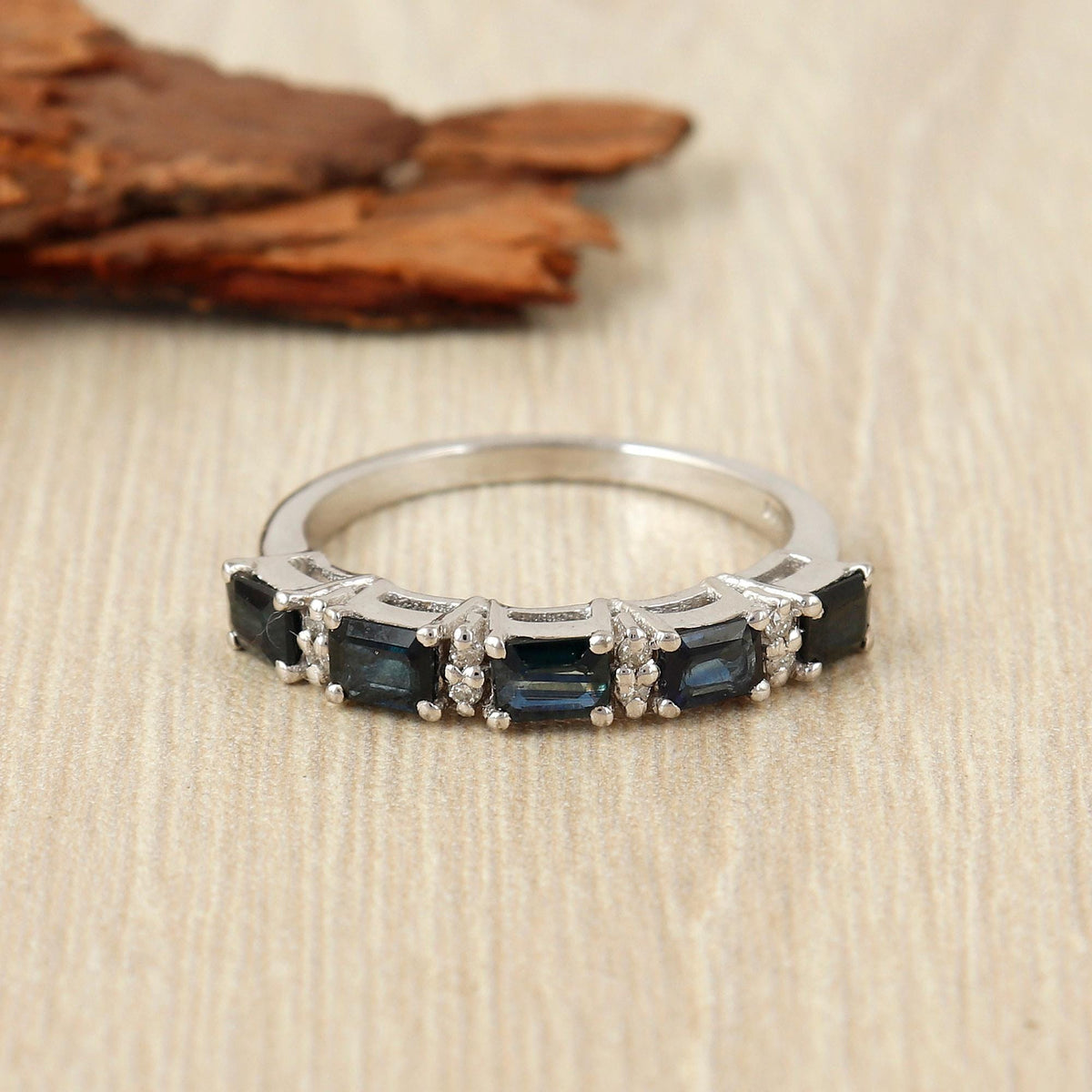 Natural Blue Sapphire Gemstone Sterling Silver Half Eternity Band Ring Handmade September Birthstone Jewelry