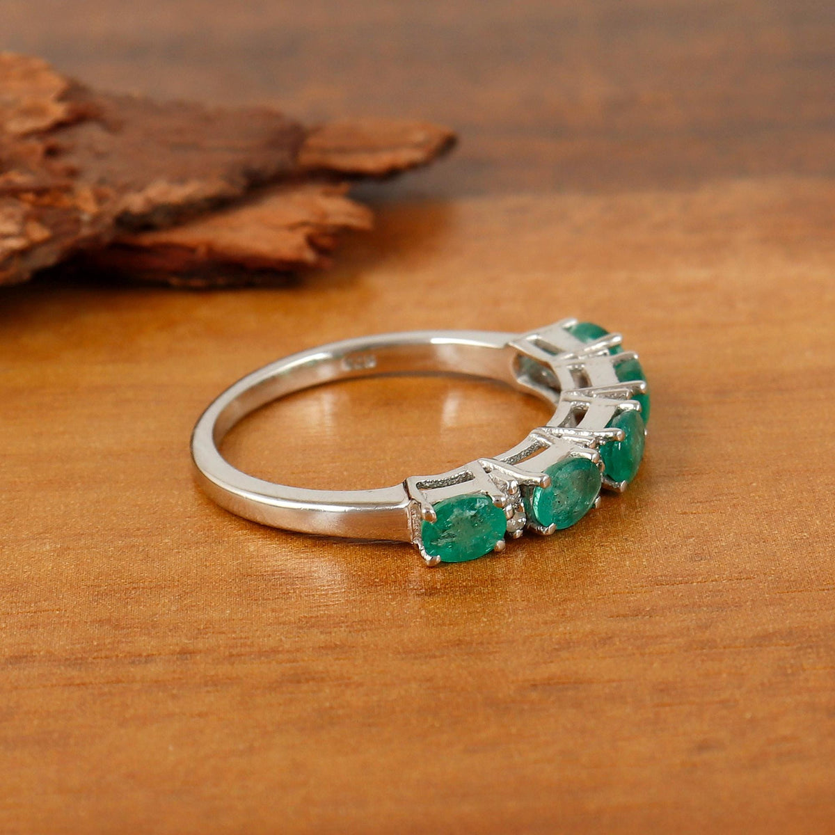 Oval Emerald Sterling Silver Ring, May Birthstone Band, Dainty Stacking Jewelry