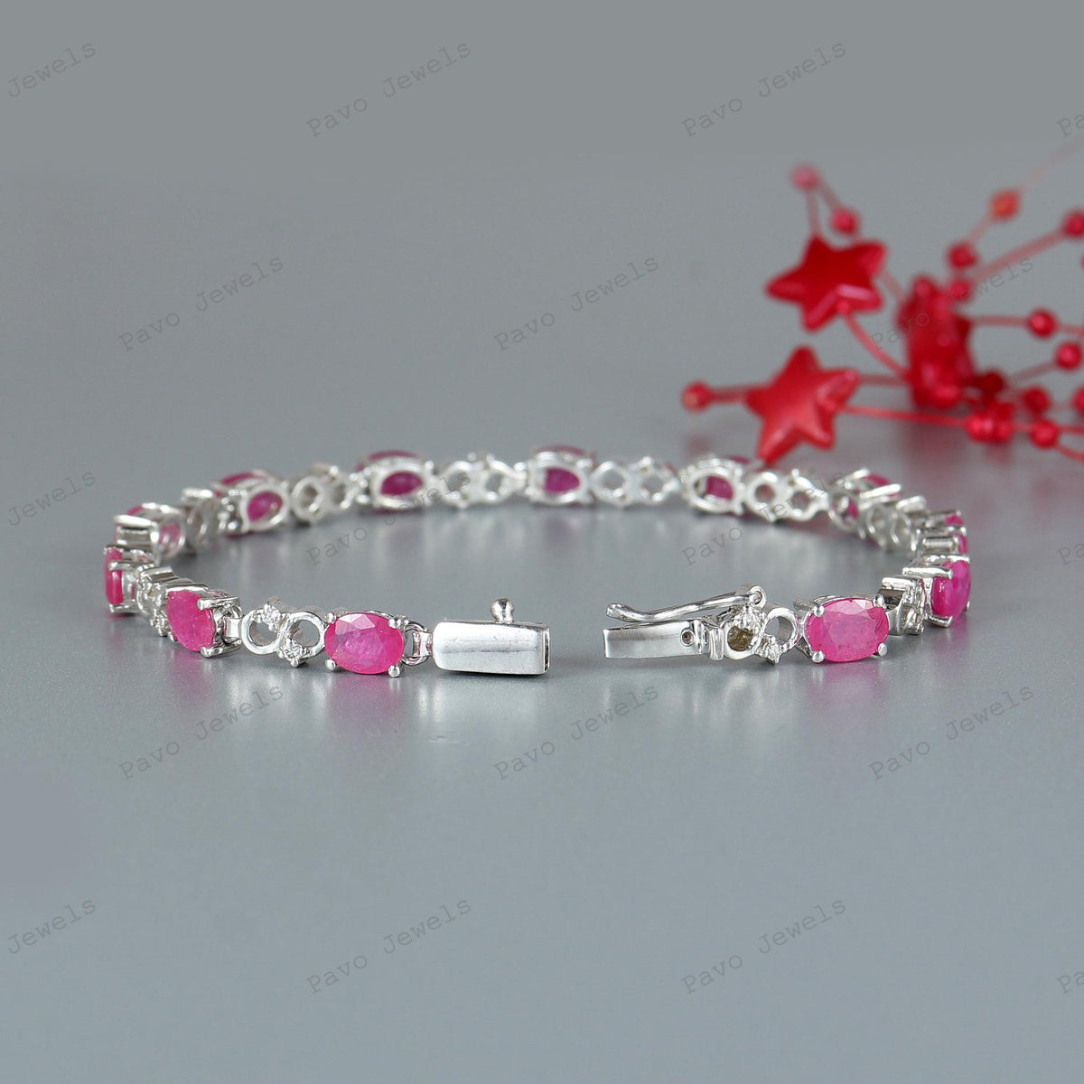 Natural Oval Ruby Tennis Bracelet, 925 Sterling Silver, July Birthstone, Pink Gemstone