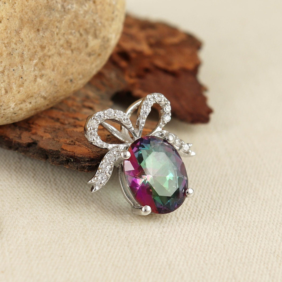 Oval Mystic Topaz Pendant Necklace, Sterling Silver Bow, November Birthstone, Rainbow Gemstone