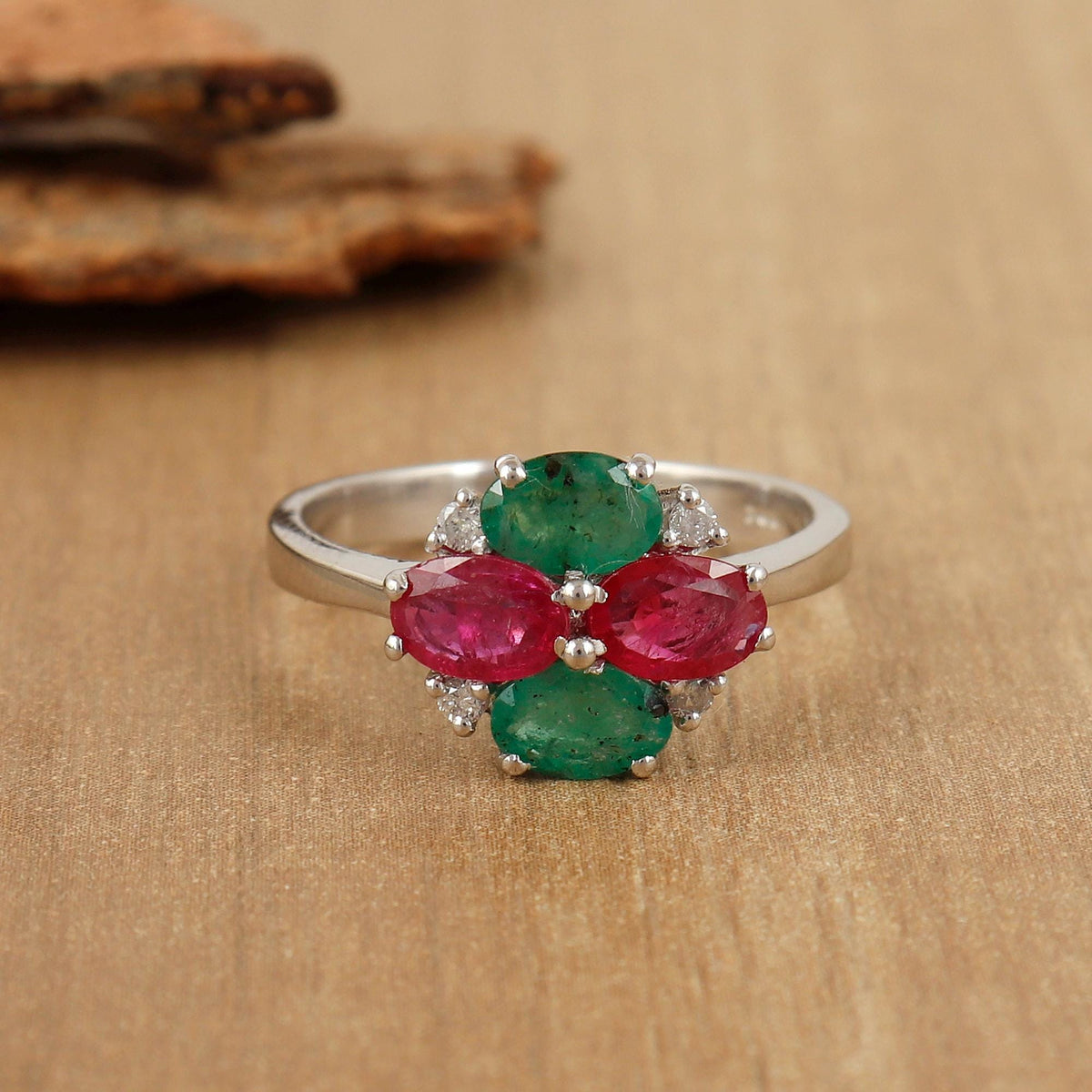 Ruby Emerald Ring: Sterling Silver Multi Gemstone Birthstone Jewelry
