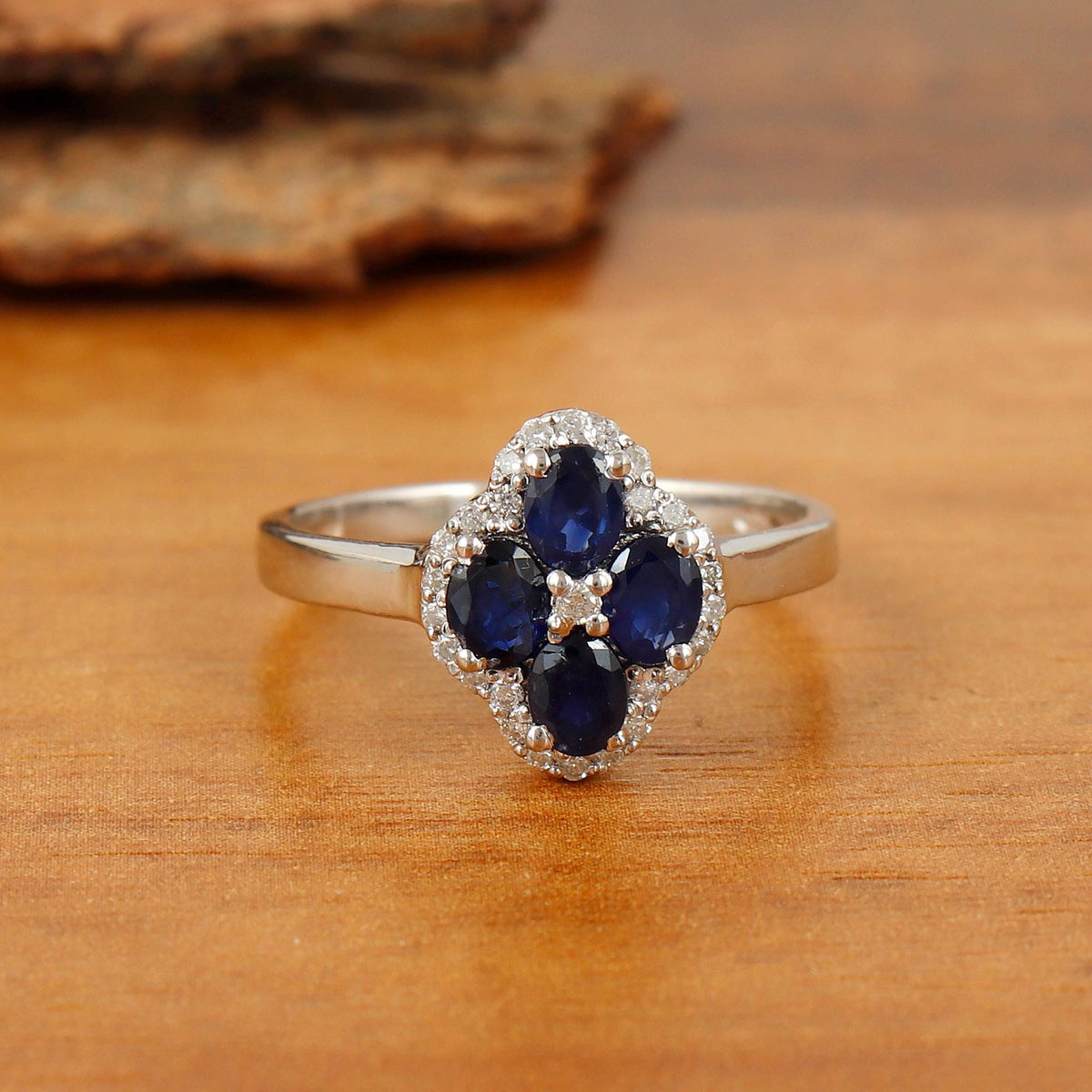 Blue Sapphire Diamond Silver Ring Handmade Gemstone bridal Jewelry