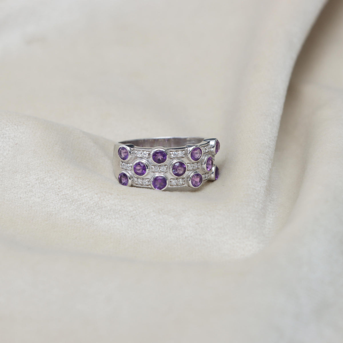 Sterling Silver Amethyst Halo Ring – Round Cut February Birthstone Wedding Jewelry