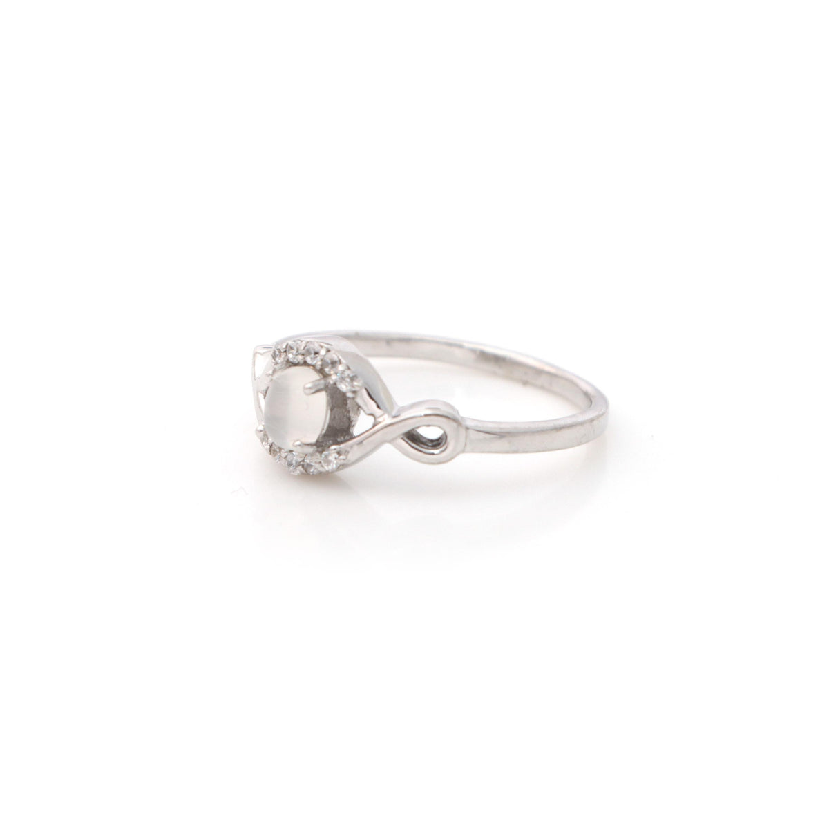 White Moonstone Ring: Oval Gemstone, Cubic Zircon, 925 Sterling Silver