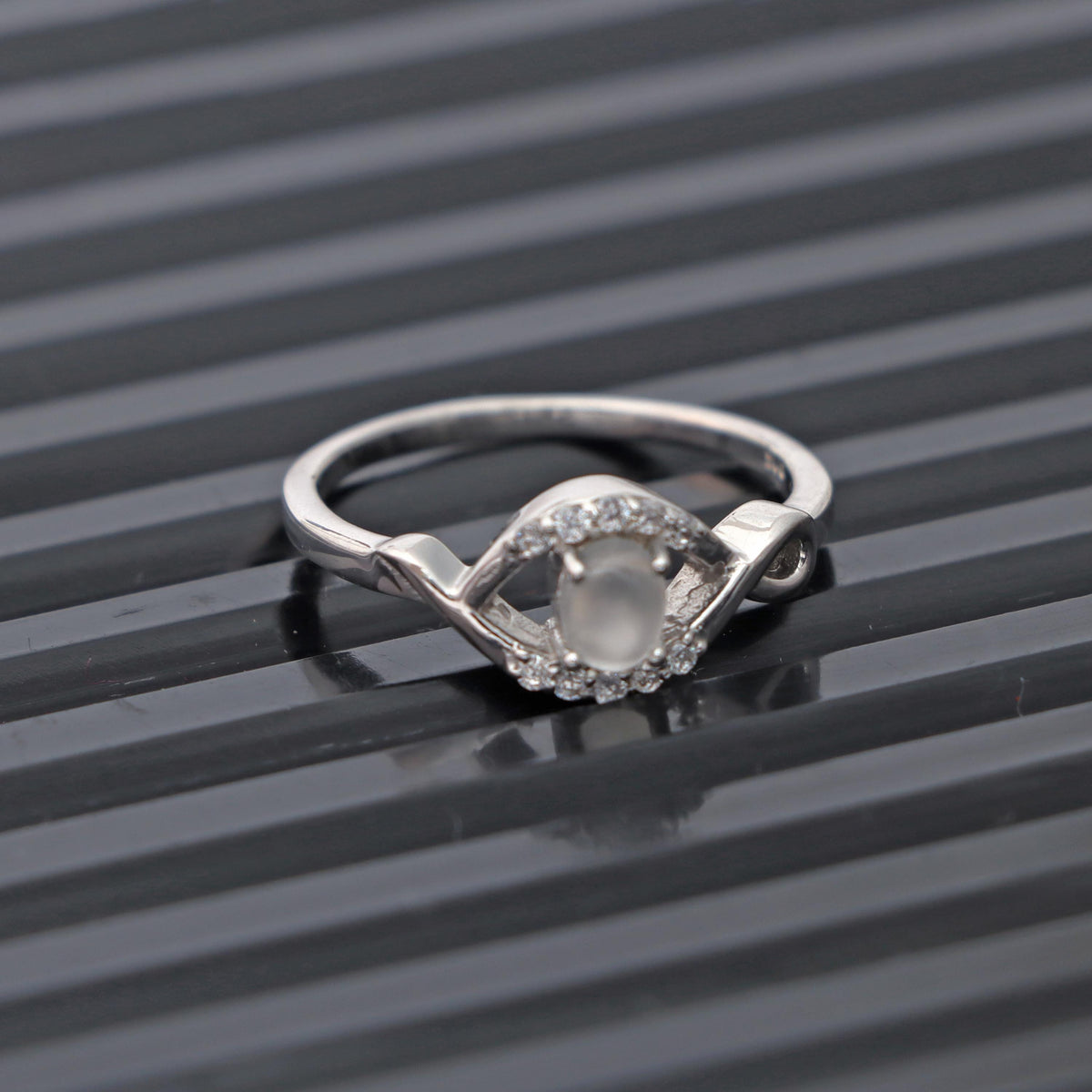 White Moonstone Ring: Oval Gemstone, Cubic Zircon, 925 Sterling Silver